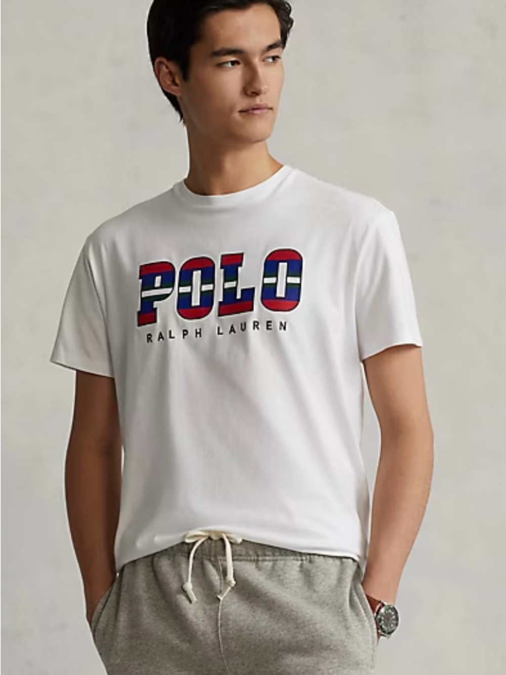 Polo by Ralph Lauren White Tee with Red & Blue Striped Logo